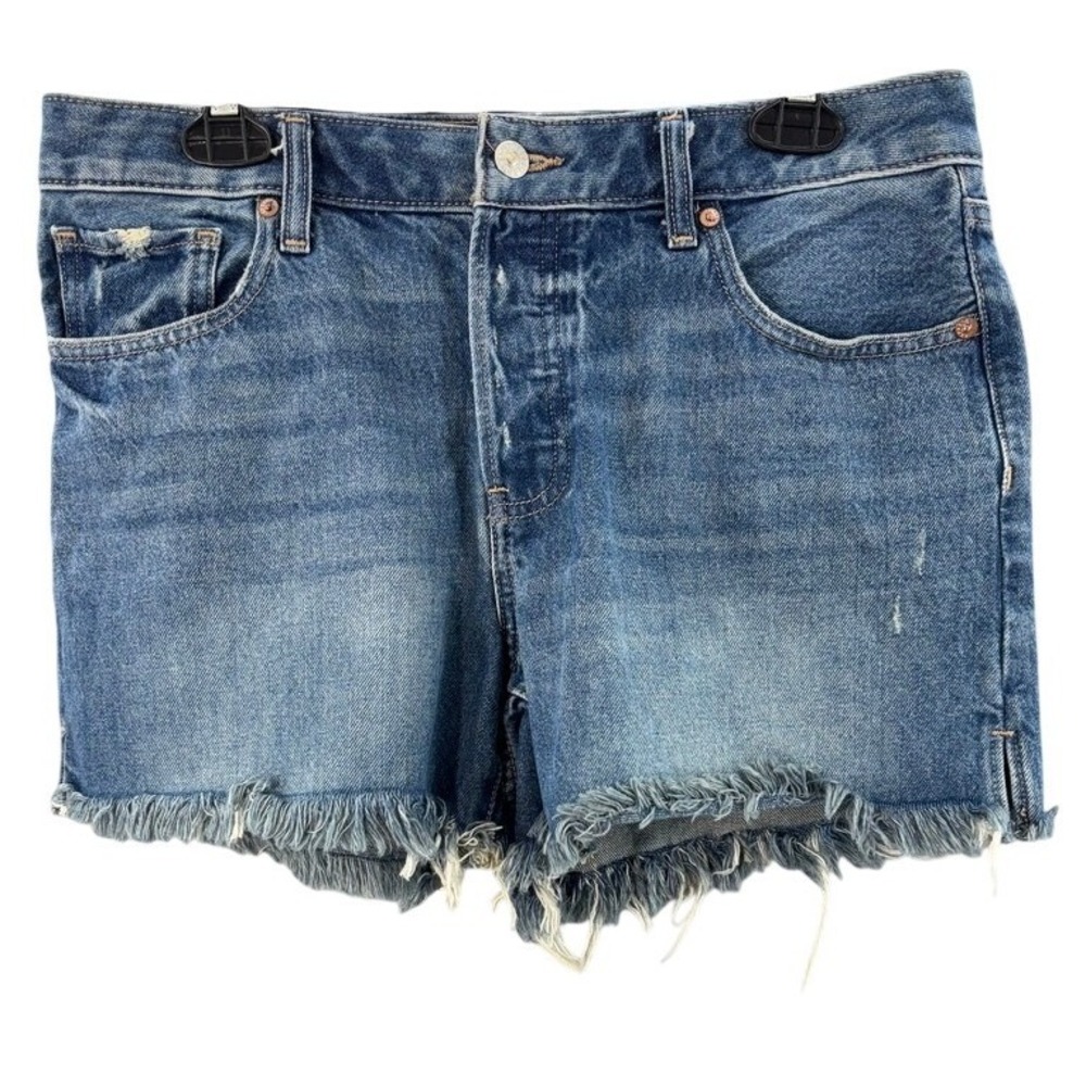 Express Boyfriend Midi Denim Shorts Womens 10 Blue Button Fly Raw Fringe Hem